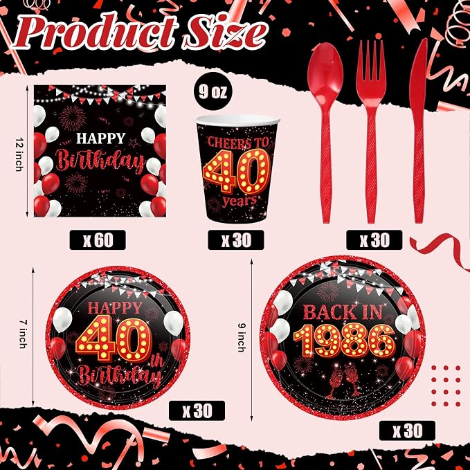 240 Pcs 40th Birthday Decorations 1986 Birthday Party Tableware Include Plates Napkins 9oz Cups Cutlery 40th Anniversary Party Supplies for Men Women Him Her, Serve 30 Guests (Black Red)