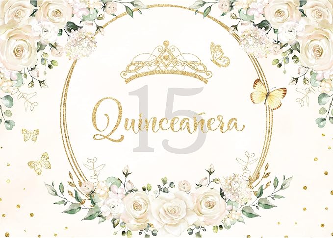 Quinceañera Backdrop 7Wx5H Feet Polyester Fabric Mis Quince 15 Anos Birthday Party Decorations Supplies for Girl Princess White Floral Gold Crown Butterfly Photography Background Props