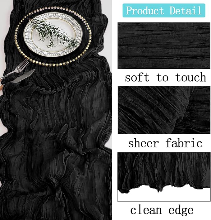 6 Pack Black Cheesecloth Table Runner 20 x 120 inch Gauze Table Runners 10 FT Long,Semi Sheer Boho Cheese Cloth Fabric Table Runner Bulk for Wedding,Party,Baby Shower,Bridal Shower Decoration