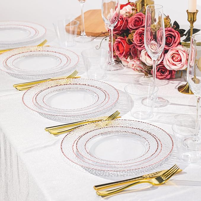 HOMIP 60PCS Clear Plastic Plates with Rose Gold Stone Texture rim - Disposable Party Crystal Plates Include 30PCS 10" Dinner Plate & 30PCS 7" Dessert Plate Perfect for Wedding & Party