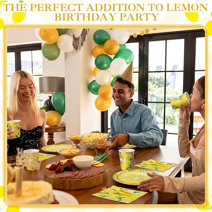 Pickmesh 400 Pcs Lemon Party Supplies Summer Fruit Disposable Plates Napkins Cups Spoons Forks Knives for Yellow Lemons Birthday Wedding Bridal Shower Baby Shower Table Decorations Serve 50