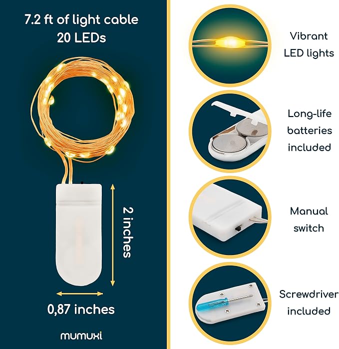 MUMUXI 24 Pack 7.2ft Fairy Lights Battery Operated String Lights, 20 Mini Battery Powered LEDs for Centerpiece Table Decorations, Wedding Party Bedroom Mason Jar Christmas, Warm White