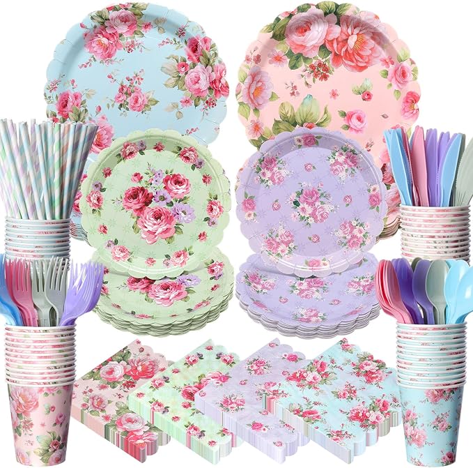 450 Pcs Vintage Floral Tableware Set Tea Party Decorations Floral Paper Plates Disposable Napkins Cups Cutlery Straws for Tea Party Mother's Day Bridal Shower Wedding Supplies, Serves 50