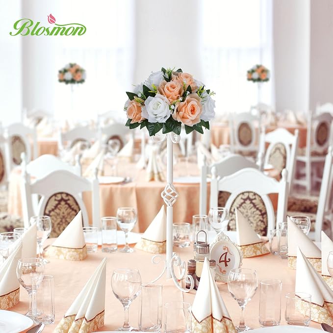 BLOSMON Rose Flower Balls Centerpieces: 6pcs Peach Fuzz Artificial Flowers | 9.5 Inch Fake Rose Floral Arrangements for Wedding Table - Faux Silk Kissing Bouquet with Base Party DIY Decorations