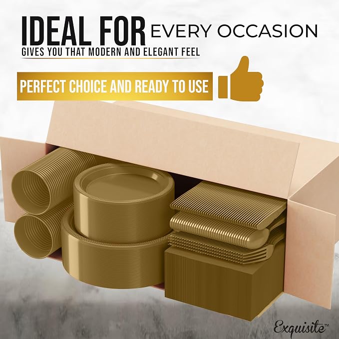 350 Pcs Gold Plastic Plates For Party, Gold Disposable Plates Set, 50 Of Each 9" Dinner Plate Set, 7" Dessert Plate, Cups, Napkins & Cutlery Plastic Dinnerware Set Exquisite
