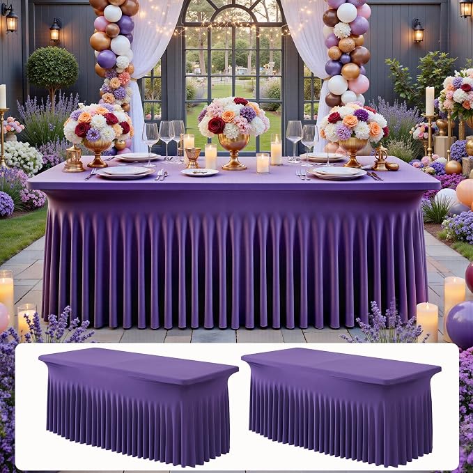 NSSONBEN 2 pk Purple Spandex Tablecloth for 6 Foot Rectangle Tables,Wrinkle Free Fitted Spandex Table Covers 6ft Stretch Table Cloths with Ruffle Skirt for Parties Weddings Banquet Baby Shower