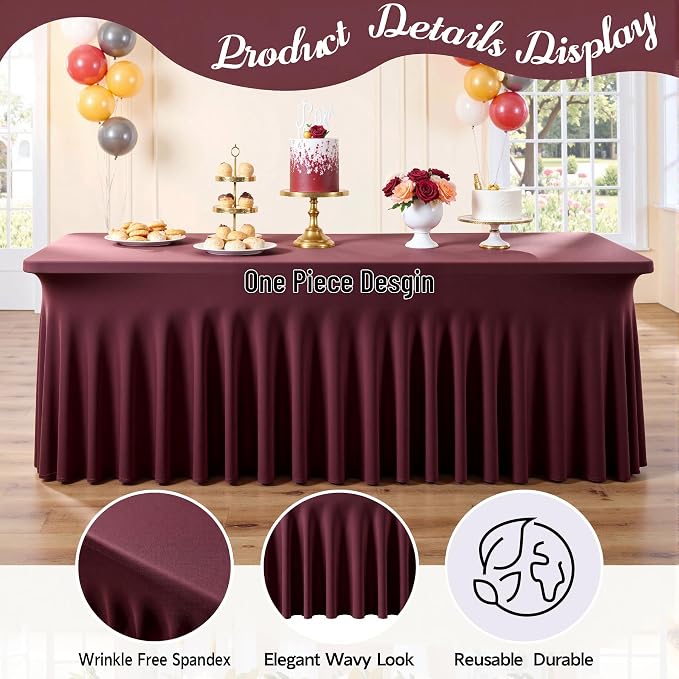 leegleri 4 Pack Burgundy Spandex Table Clothes for 6 Foot Rectangle Tables, Wrinkle Free Fitted Table Cover 6ft Stretch Tablecloths with Skirt for Parties Weddings Birthday Banquet Baby Shower