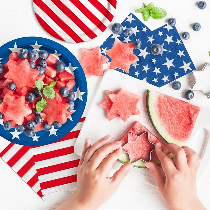 4th of July American Flag Patriotic Party Supplies Disposable Paper Plates Napkins Cocktail Napkins Cups Tablecloth and Banner for Election Day 4th of July Independence Day Decorations, Serve 25
