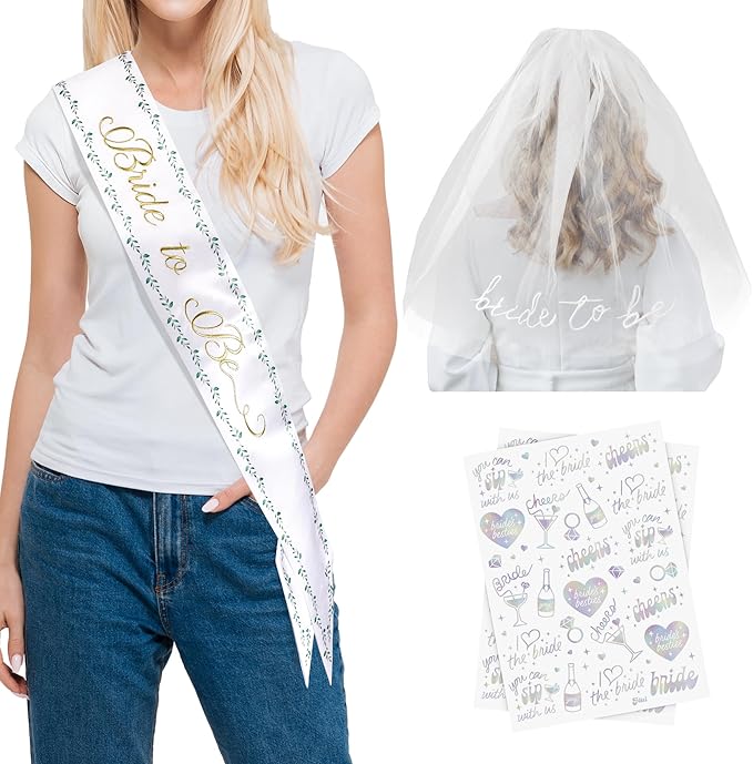Luxury Bride to Be Sash Set – Embroidered Sash with Colored Trim, Embroidered Veil & Temporary Tattoos – Bridal Shower Hen Night Bachelorette Party Accessories