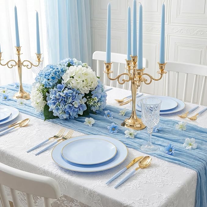 DaYammi 150Pcs Blue Plastic Plates with Gold Rim,Disposable Blue Party Plates Include 30 Dinner Plate,30 Salad Plate,30 Forks,30 Knives,30 Spoons,Fancy Disposable Platos for Party,Wedding,Baby Shower