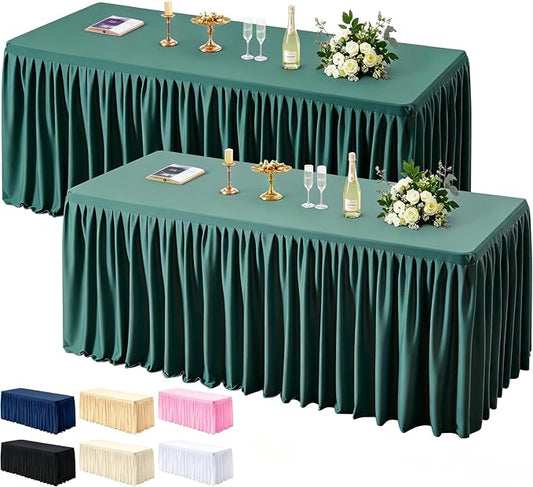 PARTISKY 2 Pack Hunter Green Tablecloths for Rectangle Tables 6ft, Wrinkle Resistant Table Cover Fitted Stretch Table Cloth with Pleated Ruffle Skirts for Party Banquet Dining Birthday Wedding