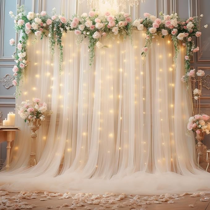 10x10ft Champagne Tulle Backdrop Curtain for Parites, Semi-Sheer Backdrop Curtains for Wedding Baby Shower Birthday Party Photo Shoot Decorations