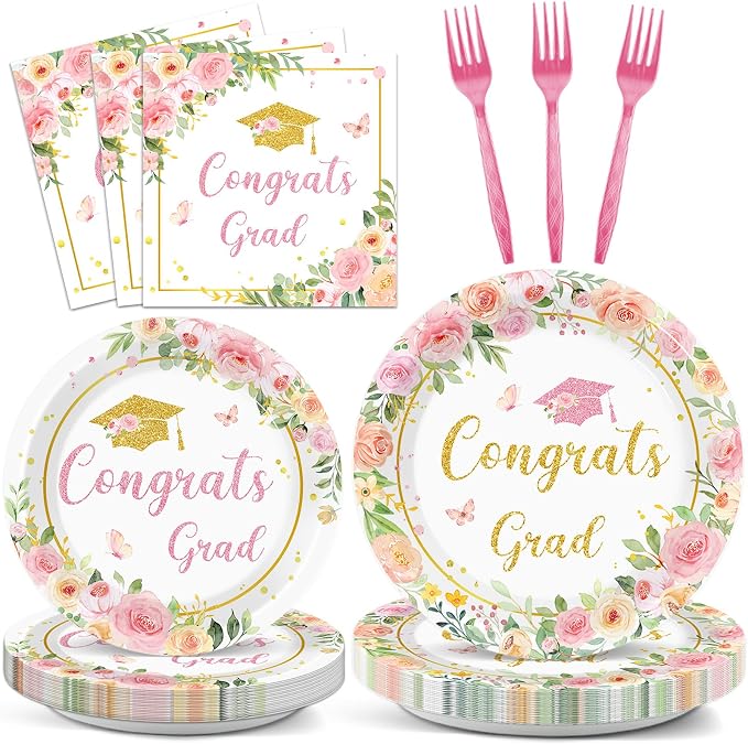 96Pcs Class of 2026 Graduation Party Supplies Floral Congrats Grad 2026 Plates and Napkins Pink Bachelor Cap Grad Tableware Disposable Dessert Dinnerware for Women Graduation Party for 24 Guests