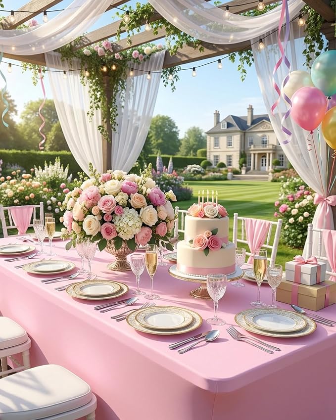Fixwal 3 Pack Pink Tablecloth Rectangle 8Ft, Stretch Spandex Fitted Table Cover for Party, Trade Show, Wedding, Buffet, Graduation, Vendor Stand
