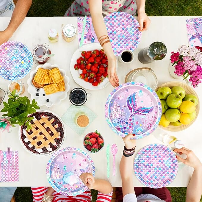Mermaid Birthday Decorations Include Plates, Napkins, Cups, Cutlery, Hanging Swirls, Banner, Cake & Cupcake Toppers, Balloons, Tablecloth for Mermaid Party Decorations, Serve 20