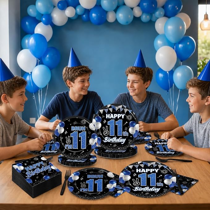 96PCS 11th Birthday Party Supplies Blue and Black 11th Birthday Plates and Napkins Black Blue Bruh I’m 11 Tableware Dinnerware Video Game Theme Decorations for Boys Party Favors Serves 24