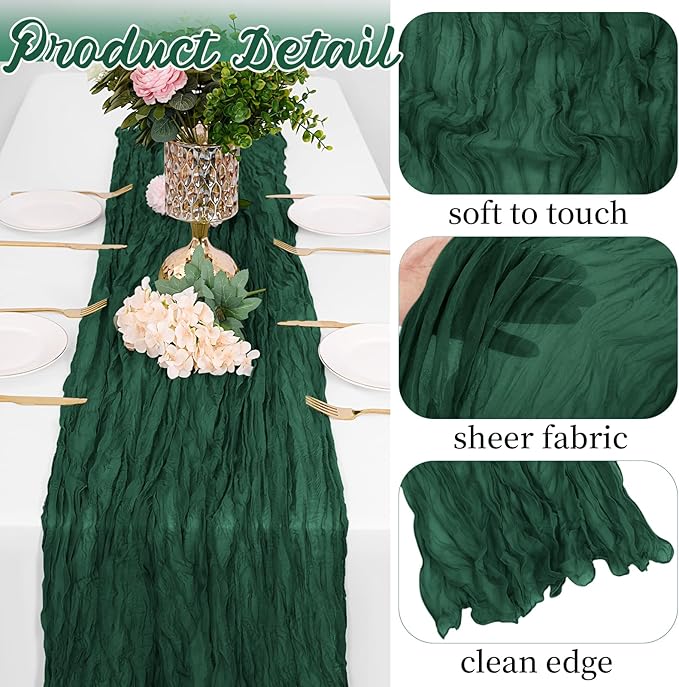 16 Pack Emerald Green Cheesecloth Table Runners 20x120 Inch Gauze Table Runner Cheese Cloth 10FT Green Table Runner Rustic Sheer Runner for Wedding Baby Shower Birthday Party Table Decor