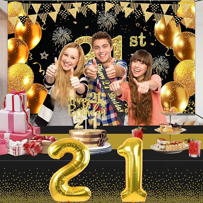 21st Birthday Decorations for Him Her with Banner, Black and Gold Table Cloth, Number Balloons, Large 21st Birthday Sash, Cake Topper and Candles