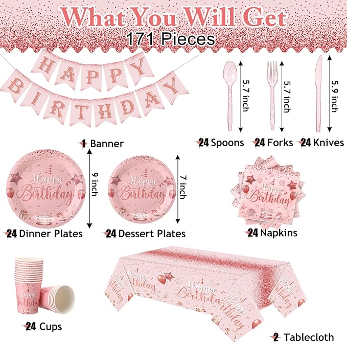 Vesici 171 Pcs Happy Birthday Party Supplies 24 Set Disposable Party Tableware include Plates Cups Napkins Cutlery and Banner Tablecloth Birthday Dinner Decorations for Men Woman(Pink, Rose Gold)