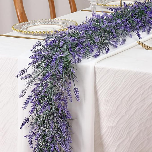 TOCHGREEN 6FT 1PCS Spring Summer Lavender Garland Artificial Purple Flower Garlands Faux All Year Lavender Garlands for Home Indoor Door Mantle Window Wall Arch Farmhouse Wedding Stair Table Decor