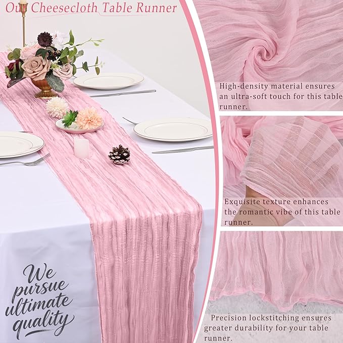 10 Pack Pink Cheesecloth Table Runner 17x108 Inch Semi Sheer Boho Rustic Gauze Cheese Cloth Table Runners for Wedding Party Birthday Baby Shower Home Décor