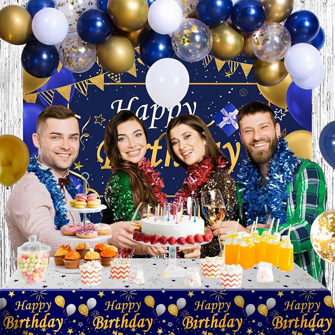 Blue and Gold Birthday Decorations for Men Women, Happy Birthday Decorations fo Boys Girls Party Decoration Backdrop & Tablecloth Balloons Arch Kit Confetti Balloons Foil Fringe Curtains Table Cover
