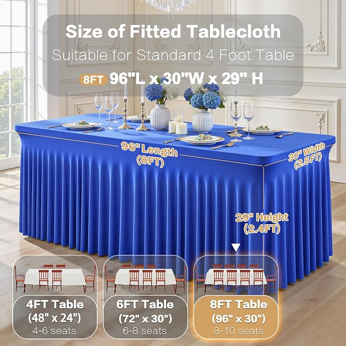 Shillance 6 Packs Royal Blue Tableclothes for 8 Foot Rectangle Table, Wrinkle Free Spandex Tablecovers 8FT Stretch Fitted Table Cloth with Skirt for Birthday Parties Graduations Event Wedding Banquet