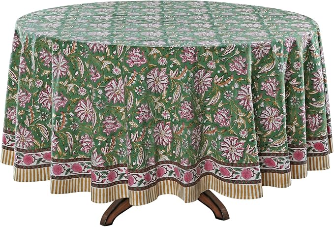 Ridhi Round Tablecloth Hand Block Print 100% Cotton Reusable Hunter Green 60 Inch Table Cover Decorative Everyday Use for Dining, Home, Party, Wedding, Farmhouse, Party Gift for Spring, Mother's Day