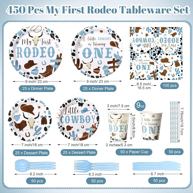 450 Pcs My First Rodeo Birthday Tableware Set Decorations Western Cowboy 1st Rodeo Paper Plates Disposable Napkins Cups Cutlery Straws for Boy Baby Shower Party Supplies, Serves 50
