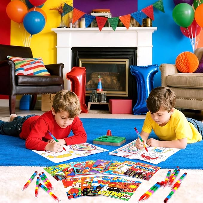 BenLouis 24 Hero Mini Coloring Books Kids with 24 Stacking Crayons Hero Party Favors Activity Books Bulk for Kids Hero Goodie Bag Gift Stuffer Classroom Reward