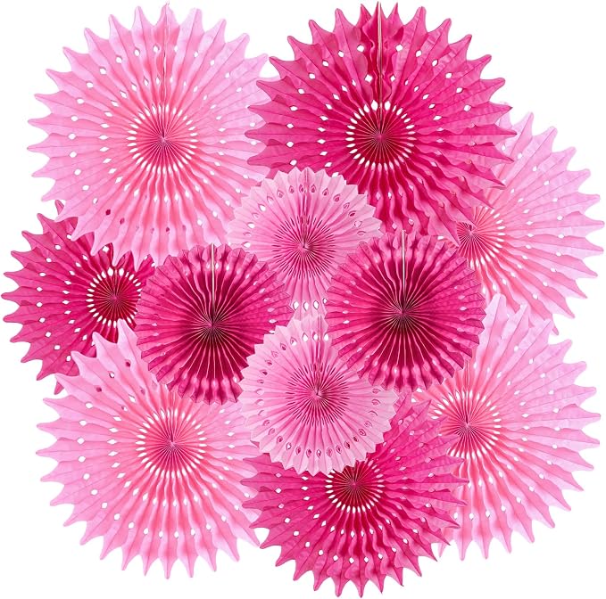 SUNBEAUTY Hanging Honeycomb Paper Fans, 12Pcs Hot Pink Hanging Tissue Paper Flowers Party Decorations for Wall, Pink Birthday Paper Decor for Baby Shower, Graduations, Bachelorette, Wedding, Room