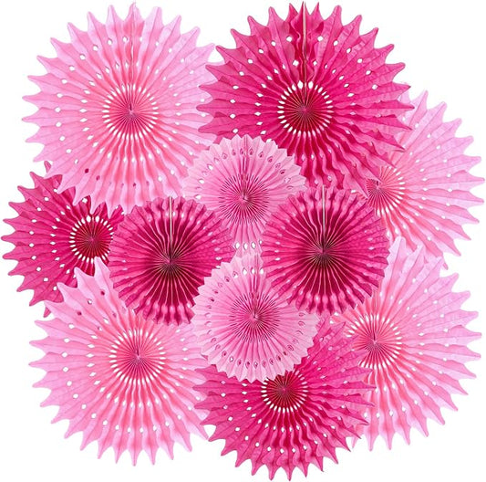 SUNBEAUTY Hanging Honeycomb Paper Fans, 12Pcs Hot Pink Hanging Tissue Paper Flowers Party Decorations for Wall, Pink Birthday Paper Decor for Baby Shower, Graduations, Bachelorette, Wedding, Room