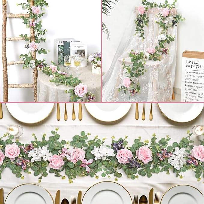 2Pcs 5.9 Ft Artificial Rose Vine Fake Flower Garland Pink Rose Hydrangea Vines with 3D Butterflies Hanging Floral Eucalyptus Garland for Wedding Party Background Arch Table Wall Home Decor
