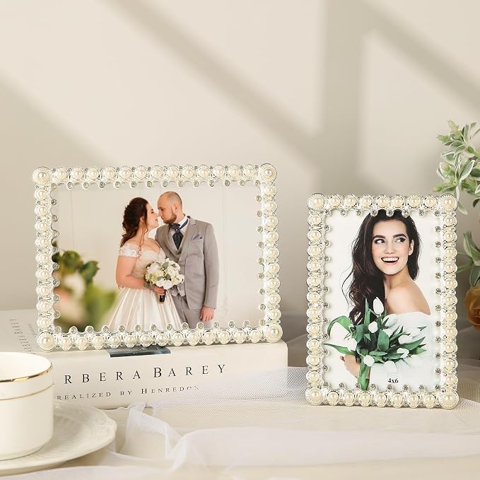 4x6 Picture Frame White Pearl Vintage Wedding Photo Frame with Glass Front | Elegant Art Decor Tabletop or Wall Display for Engagements, Anniversary, Graduation, Birthday Gifts for Women