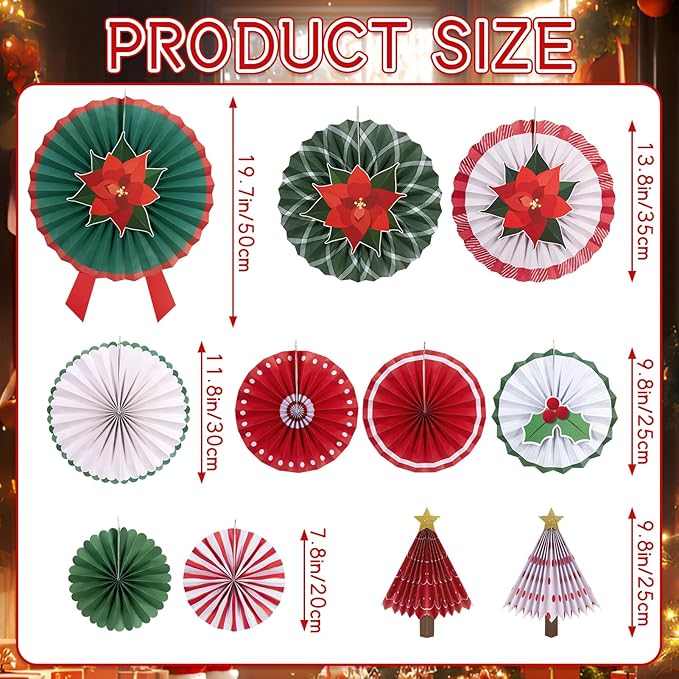 SUNBEAUTY 15PCS Christmas Hanging Paper Fan Decorations with Poinsettia Flowers Christmas Trees with Star Topper Red Green Christmas Wall Decor for Xmas Holiday Party Home Backdrop