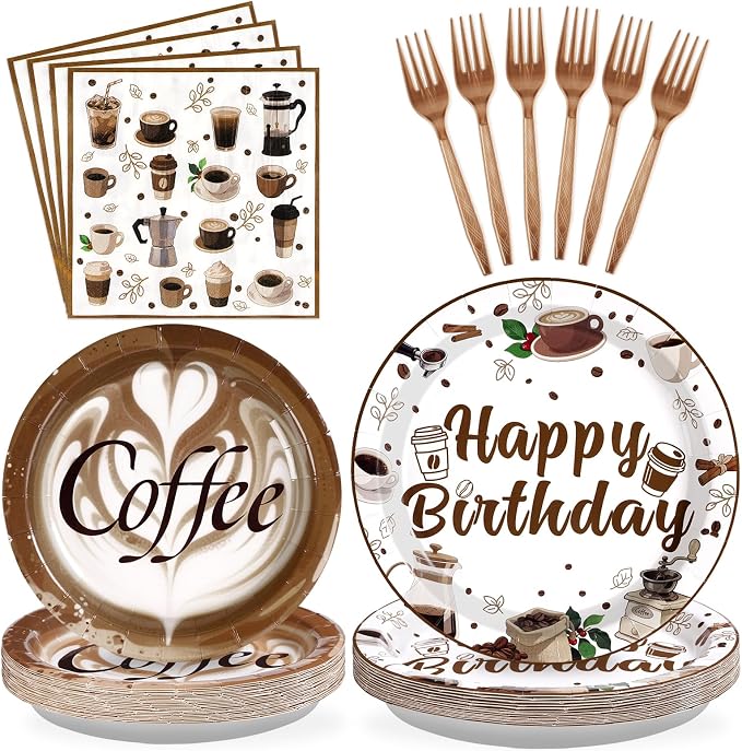 Grencian 96Pcs Brown Coffee Happy Birthday Party Decorations Supplies Coffee Theme Plates and Napkins Latte Art Disposable Tableware Set for Cappuccino Lover Adult Birthday Party Decorations Serve 24