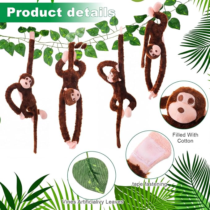 6 Pcs Hanging Monkey Stuffed Animal Jungle Classroom Party Decoration with 12 Pcs 7.22ft Artificial Vine Plush Hook and Loop Fastener for Kids Rainforest Safari Birthday VBS(Dark Brown,21 Inch)