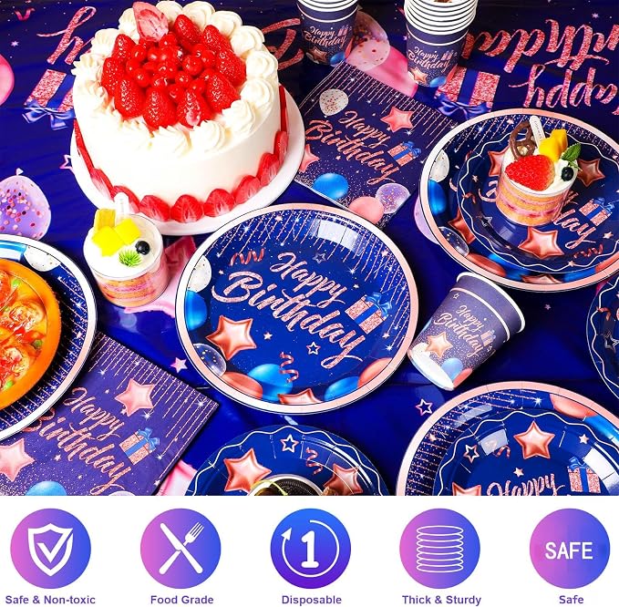 Norme 176 Pcs Navy Blue and Rose Gold Birthday Tableware Set for Women Birthday Decoration Includes Tablecloth Paper Plates Napkins Paper Cups Forks Knifes Straws for 25 Guests Party Supplies (Bright)