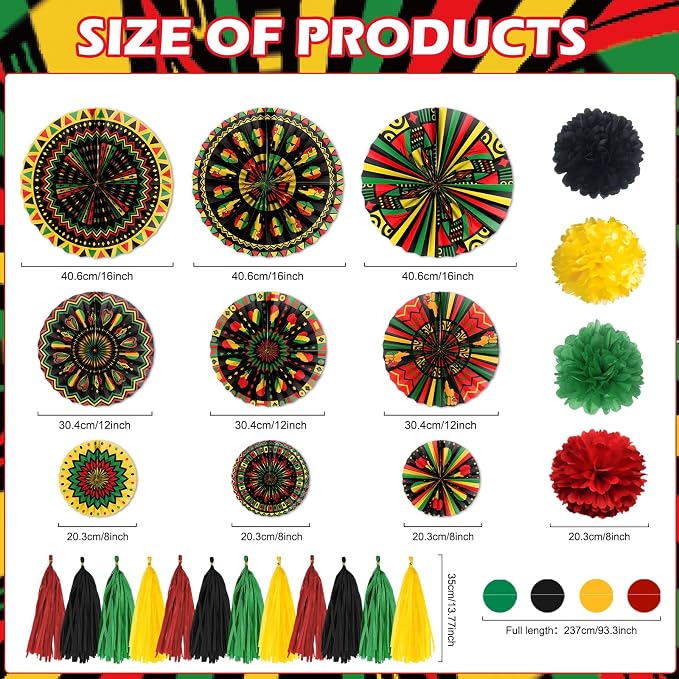 Rakuto Black History Month Party Decorations,30PCS Juneteenth African American Themed Paper Fans and Paper Poms Decoration,Happy June African Themed Tassel Garland Party Decor