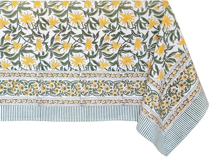 ATOSII 'Noor' 100% Cotton Boho Rectangle Tablecloth, Handblock Floral Print Linen Table Cloth for Dining Table I Tabletop I Parties/Outdoor I Wedding I Spring/Summer (60" X 108")