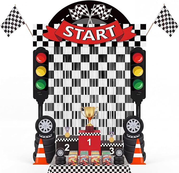 Peryiter 5 Pcs Race Car Birthday Party Decorations, Race Car Party Decorations Include Checkered Flag Arch Traffic Light Cutouts Tinsel Curtains Double-sided Tape for Racing Photo Booth Event Backdrop