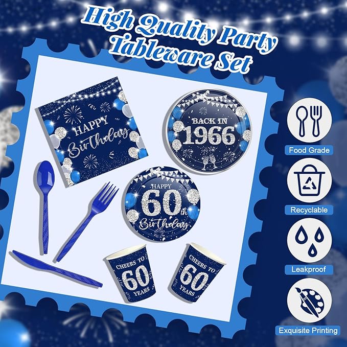 240 Pcs 60th Birthday Decorations 1966 Birthday Party Tableware Include Plates Napkins 9oz Cups Cutlery 60th Anniversary Party Supplies for Men Women Him Her, Serve 30 Guests (Blue Silver)