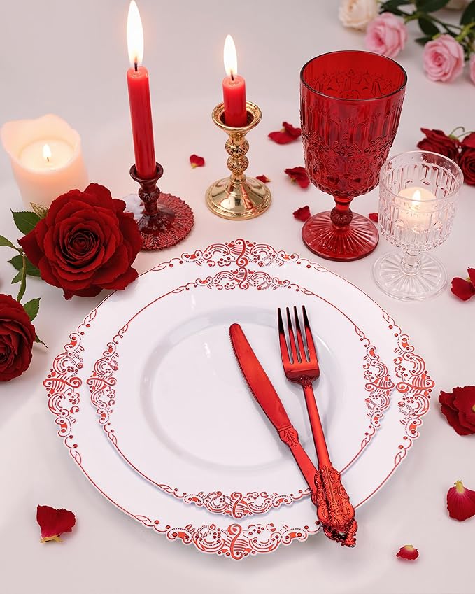 Nervure 175PCS Red Plastic Plates - White Red Plastic Dinnerware Sets for 25 Guests - 50 Red Disposable Plates, 25 Pre Rolled Cutlery Set, 25 Cups Perfect for Wedding, Party & Mother's Day