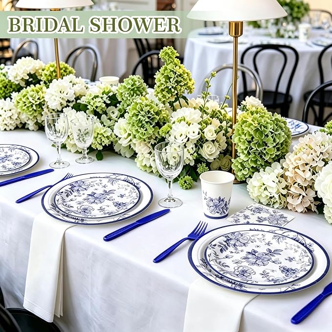 400 Pcs Disposable Blue and White Floral Tableware Set for 50 Guests | Heavy-Duty 7" & 9" Paper Plates, Cups, 13" Napkins & Plastic Cutlery for Bridal Baby Shower and Tea Party Supplies