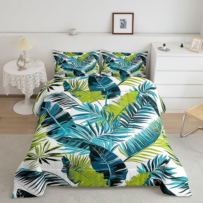 jejeloiu Palm Leaf Comforter Set Twin Size Kids Tropical Leaves Pattern Bedding Set for Boys Girls Summer Boho Bohemian Style Botanical Branches Nature Theme Duvet Quilt Room Decor