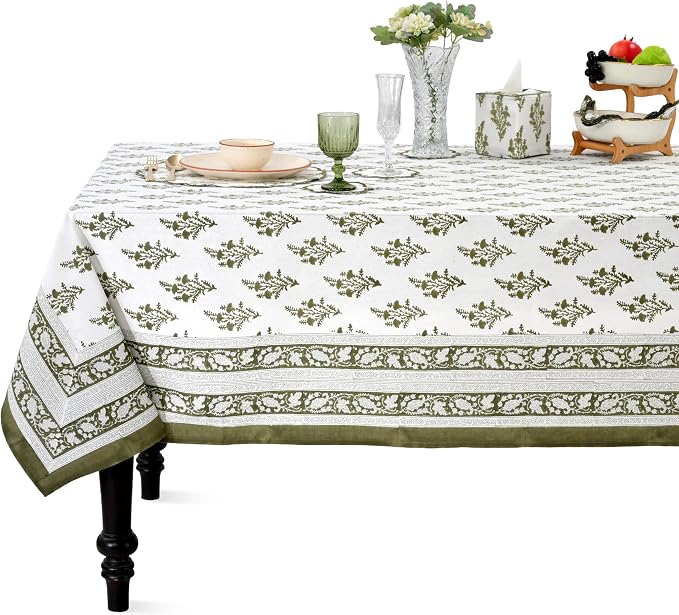 Ridhi Block Print Nature Spring Rectangle Cotton Tablecloth 140" x 72" Reusable Table Cover Decorative Everyday Use for Dining, Farmhouse, Home Gift for Spring, Easter, Valentine