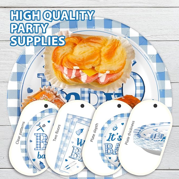 Grencian 96PCS BBQ Baby Shower Decorations It’s A BabyQ Party Plates Disposable Blue BBQ Party Tableware Set for Boys Barbecue Themed Baby Shower Gender Reveal Picnic Birthday Party, Serves 24