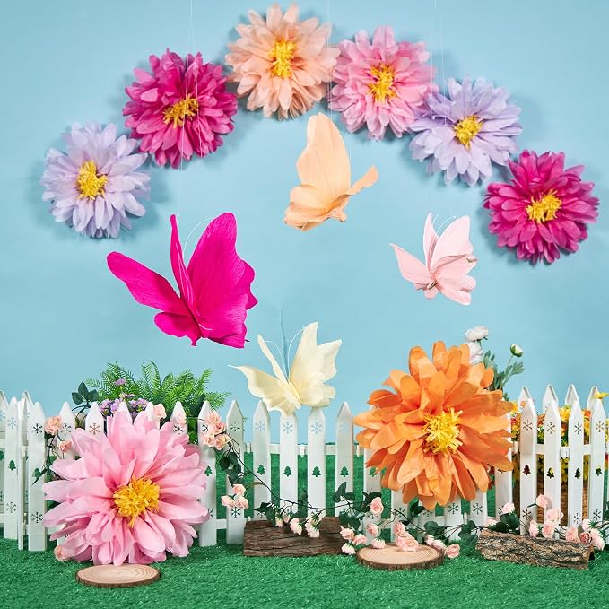 SUNBEAUTY 12 PCS Giant Paper Flowers Large Butterfly Party Decorations Pink Orange Large Tissue Paper Flower for Wall Hanging Butterflies for Birthday Spring Garden Wedding Backdrop Bridal Shower