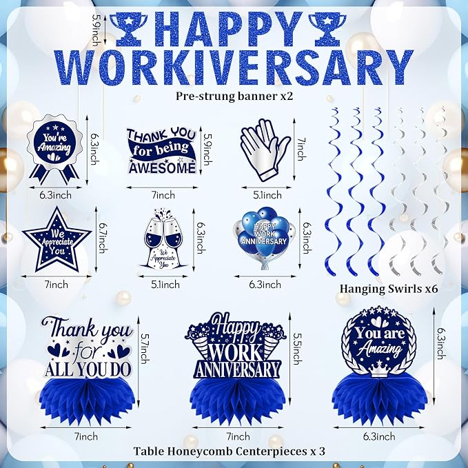 Zirtorei Happy Workiversary Decorations for Men Employee, 11pcs Blue Silver Work Anniversary Banner Party Supplies, Workiversary Honeycomb Centerpieces Hanging Swirls Business Gift for Office