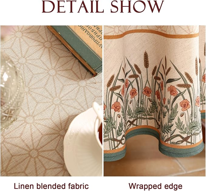 patdrea Vintage French Linen Tablecloth,Round,Diameter 67"-Cudillero | Elegant Floral Table Cloth for Round Table,Natural Beige Block Print,for Dining Room Tea Party Thanksgiving